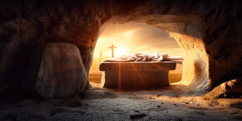 Tomb Empty With Shroud And Crucifixion At Sunrise. Resurrection Of Jesus Christ. AI generated, human enhanced