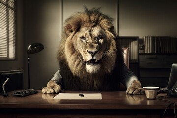 An anthropomorphic lion is like a boss in the office. Business concept. AI generated, human enhanced