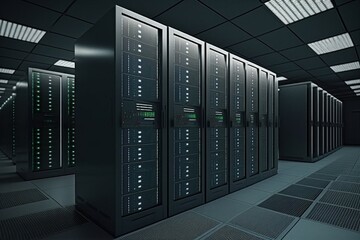 Modern Data center with computer servers. AI generated, human enhanced.