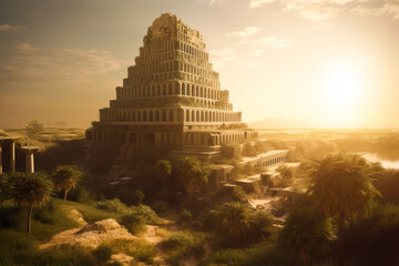 Ancient city of Babylon with the tower of Babel, bible and religion. AI generated, human enhanced