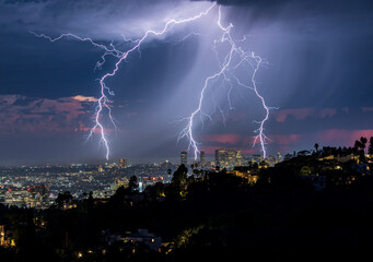 Naklejka na ściany i meble Thunderstorm and Lightning Strike in Century City, Los Angeles, California