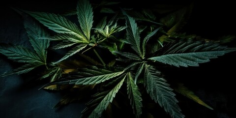 Cannabis Sativa Leaves On Dark. Medical Legal Marijuana. AI generated, human enhanced.
