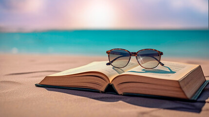 Book with sunglasses placed on blue towel at sandy beach. Copy space. Generative AI. 2