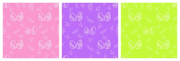 Fototapeta na wymiar Easter seamless pattern with eggs and flowers. Each pattern is isolated. Cute seamless print for Easter card, wrapping paper, background, etc. Vector set.
