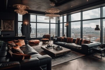 Industrial Chic: Luxurious Living Room with London Views in Black and Brown Industrial Modern Interior Design. Generative AI