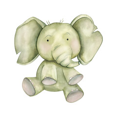 Cute watercolor illustration of a little baby elephant. Little sad unhappy old baby elephant on a white background. sad old little elephant.