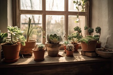 Fototapeta na wymiar Houseplants and flowers on a wooden windowsill. Generative AI