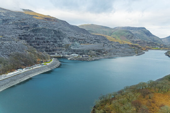 Llyn Peris Lake - lower reservoir of Dinorwig power station. Aerial view over famous lake in Wales. High quality photo