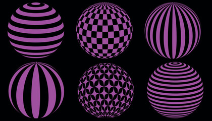 Set in retro psychedelic style with geometric shapes circle, zembra. ball, stars. Surreal circles in pink, acid colors.