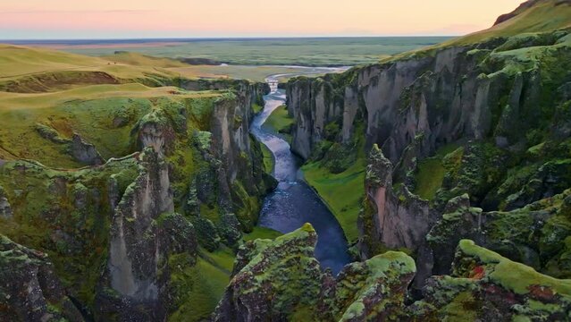 Aerial view of Fjadrargljufur canyon in Southern Region, Iceland.