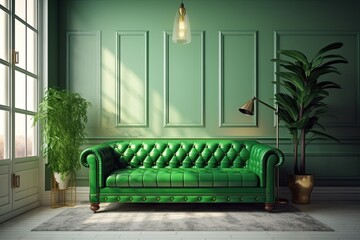 interior of green living room with leather sofa, Interior design of a modern vintage living room. Generative AI