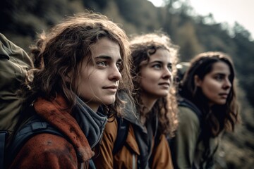 Fototapeta premium Young female group of friends hiking in the mountains. focus on foreground. Generative AI