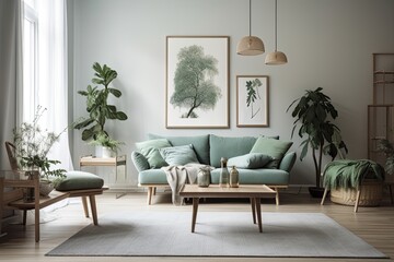 With a mint sofa, pillow, coffee table, sculpture, plants, books, and exquisite accessories, this room's décor is stylish and simple. The color scheme of eucalyptus. Living room design. Template