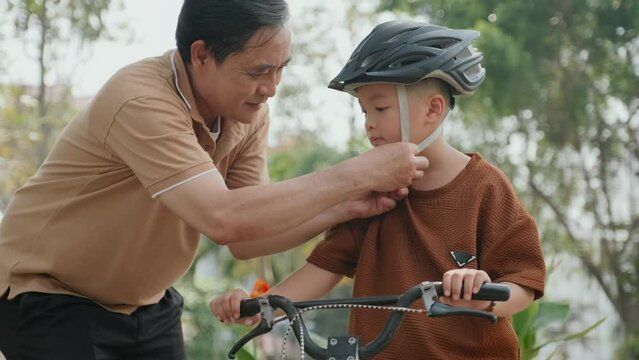 Medium shot of senior Asian man locking helmet on head of his little grandson and teaching him how to ride bicycle in park on summer day