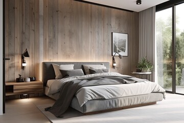 A comfy king size bed is positioned in the corner of the master bedroom, which has white timber walls and a concrete floor. fake wall. Generative AI