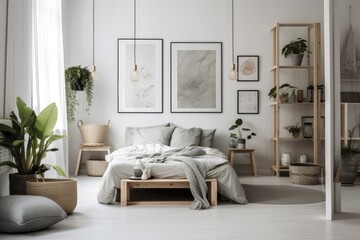 White Scandinavian bedroom with poster above shelves with a lamp, pouf, and leaves. Generative AI