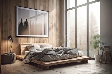 a mock up, toned image of a timber bedroom interior with a double bed, a vertically framed poster on a wall in the foreground, and a panoramic window. Generative AI