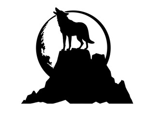 Coyote Silhouette Vector with Moon and rock backdrop