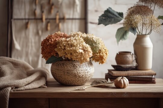 Boho autumn still life picture. Ceramic vase with a rustic style holding dried hydrangea blooms Mockup of an empty horizontal greeting card on a vintage wooden seat. blurred background of a linen sofa