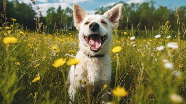 Happy dog in the grass