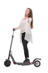 Side view of woman enjoying riding with electric scooter on white background