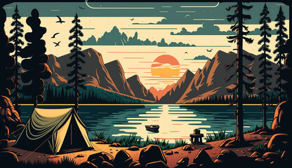 A camping tent by the lake with mountains and sun set in the background. Generative AI