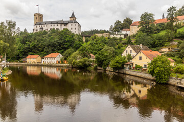 Fototapeta na wymiar View of Rozmberk castle and village Rozmberk nad Vltavou, Czech Republic