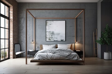 Interior of a contemporary bedroom with a double bed and a vertical poster, dark gray and brick walls, and a wooden floor. a mockup. Generative AI