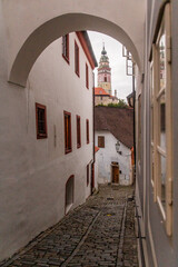 Narrow alley in Cesky Krumlov, Czech Republic