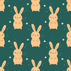 Vector Seamless Pattern with Easter Cute and Funny Cartoon Rabbit. Easter Holiday Design with Brown Flat Hare, Bunny on Green Background. Vector Illustration