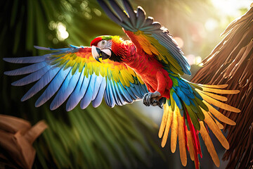 flying macaw parrot - obrazy, fototapety, plakaty