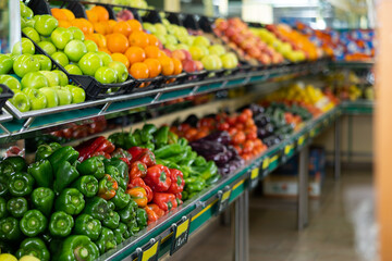 Various vegetables eggplants, bell peppers, tomatoes and fruits apples and tangerines laying in row...