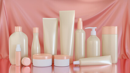 3d illustration set of pink plastic bottles and packages for body and face care. Advertising mockup cosmetics on fabric background