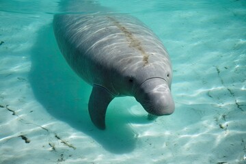 A tranquil dugong at the ocean's surface. adorable aquatic animal strange marine mammal (Dugong dugon). Generative AI
