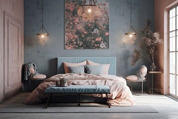 A tranquil area in the most tranquil bedroom, styled in cool colors and featuring a modern vintage aesthetic . Generative AI