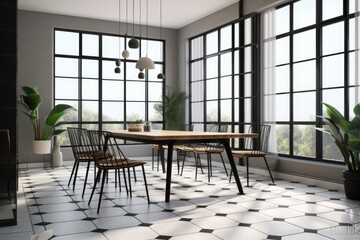 Large windows, a tiled floor, and a tall wooden table surrounded by white chairs can be seen within a wooden dining room. A mock up side view. Generative AI
