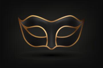 Vector 3d Realistic Black and Golden Carnival Face Mask on Black Background. Mask for Party, Masquerade Closeup. Design Template of Mask. Carnival, Party, Secret, Hero, Stranger Concept