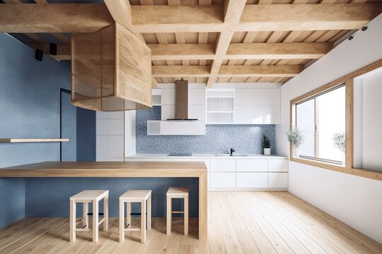 White and blue color scheme in a minimalist wooden kitchen. Up close and at the front. Bamboo wallpaper, a parquet floor, and a beam ceiling. Interior design by Japandi,. Generative AI