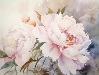 Tender light peony flowers in watercolor painting style. Romantic background. Created with Generative AI