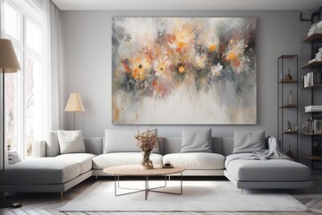 An elegant white and grey living room design with a wall mounted abstract painting. Generative AI