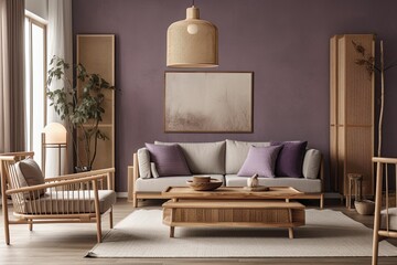 White and purple colors dominate this Japandi timber living room. Rattan furniture and wooden furniture. Mockup of wallpaper and frames, farmhouse style interior design. Generative AI