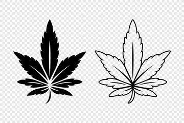 Cannabis Leaves. Hemp, Cannabis Leaf Silhouette, Flat, Outline Icon Set Closeup Isolated. Growing Medical Marijuana. Vector Illustration