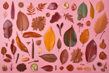 There are plenty of vibrant autumn leaves on a pink backdrop. That is. Generative AI