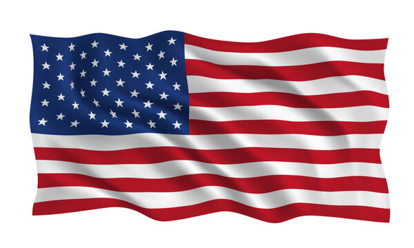 US Flag. Official flag of the United States flies in the wind. USA symbol. Realistic flag of the United States of America. Icon isolated on white background. 3D Vector