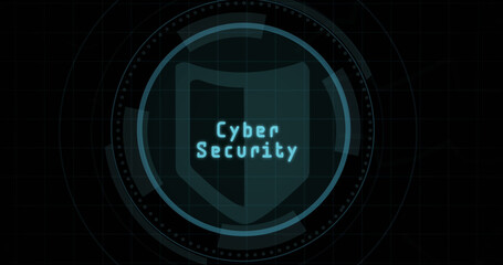 Image of cyber security text over shield and circle on black background