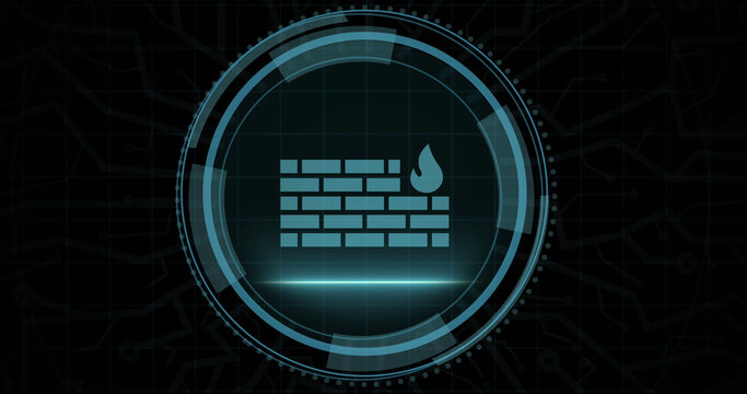 Image of scope scanning and wall with fire over black background