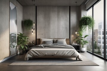 Interior of a contemporary bedroom with a window and a city view, a decorative wall, green plants, and other items. Generative AI