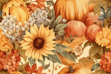 Harvest day seamless pattern for Thanksgiving, with ripe fruit, flowers, autumn foliage, and cornucopia. Fall watercolor backdrop with leaves, ripe fruit, sunflowers, and pumpkins. Generative AI