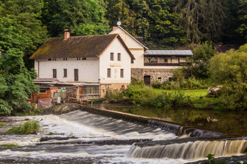 Fototapeta na wymiar Matousovsky mlyn mill weir at Luznice river, Czech Republic