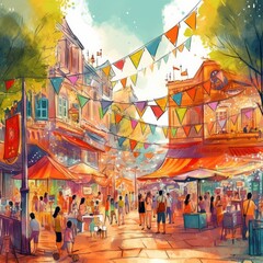 Fototapeta na wymiar A Watercolor Lively Street Festival Generative Ai